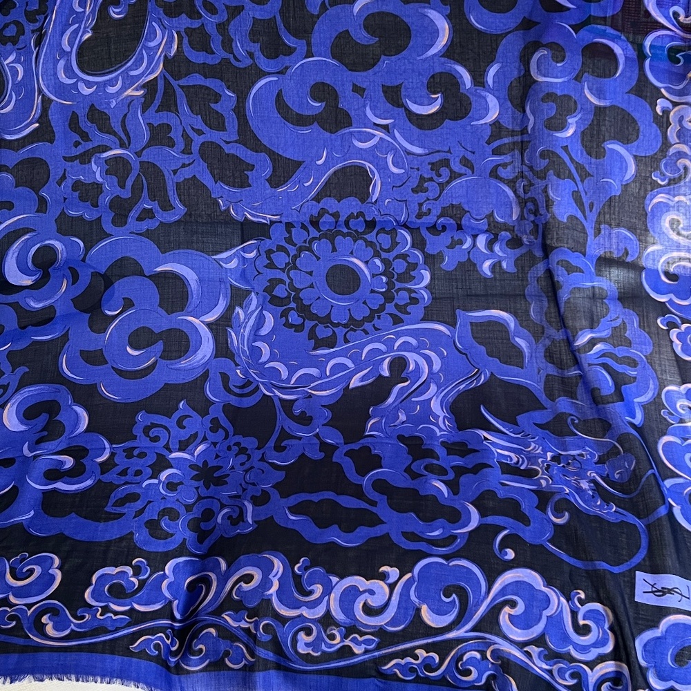 YVES SAINT LAURENT YSL Large Square Scarf Blue Black Fringe Made Italy Silk Wool - Picture 3 of 5
